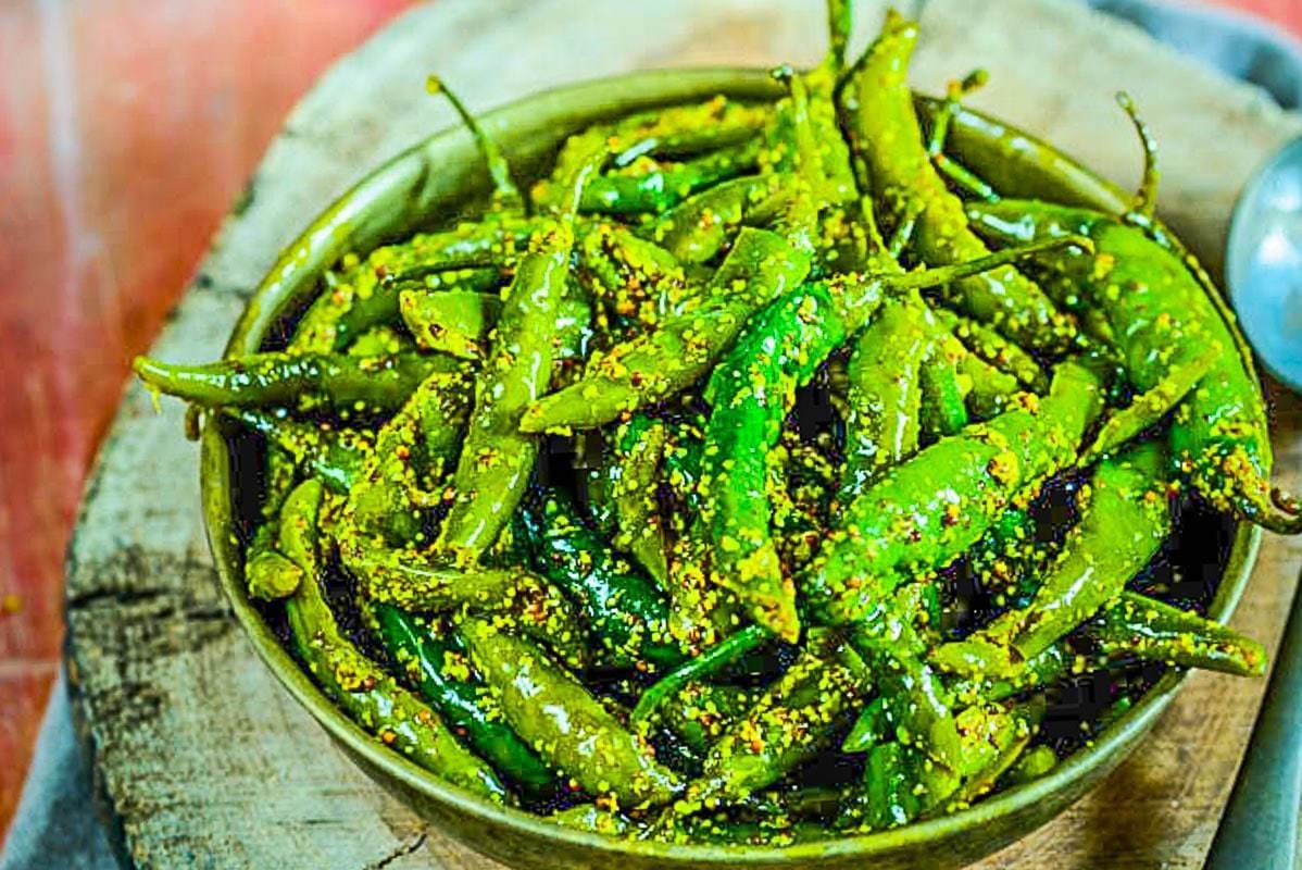 Green Chili Aachar in a glass jar